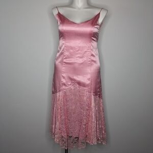 Vintage Alicia Pink Satin Lace Spaghetti Strap V Neck dress S